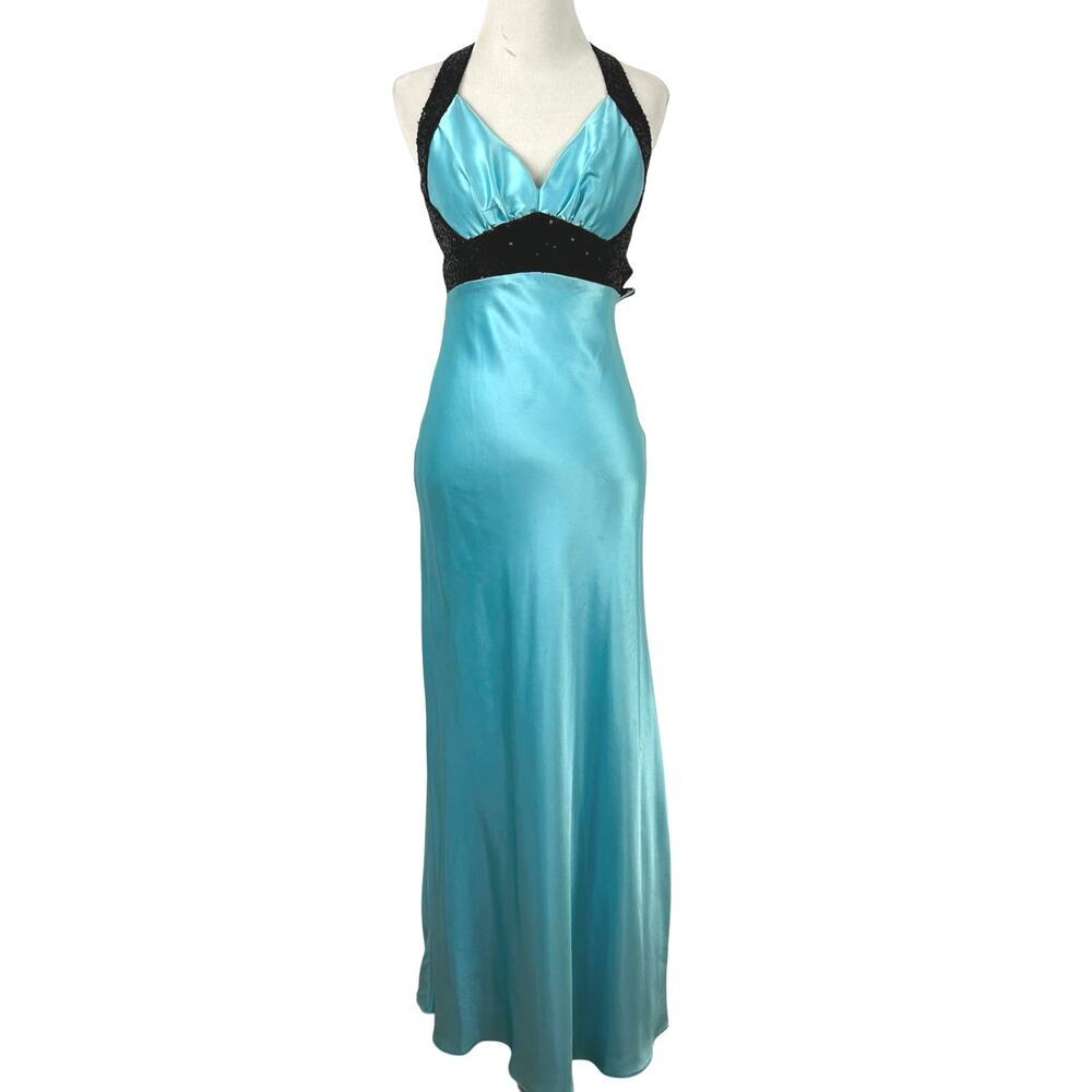 Gunne Sax Vintage Formal Gown Blue Satin Halter Prom Dress Women XS